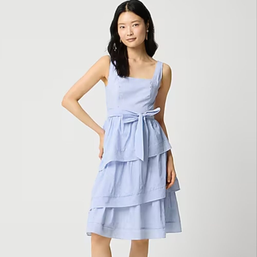 J. CREW Striped Sleeveless Belted Tiered Dress | Size 4 | White Blue Preppy NWT